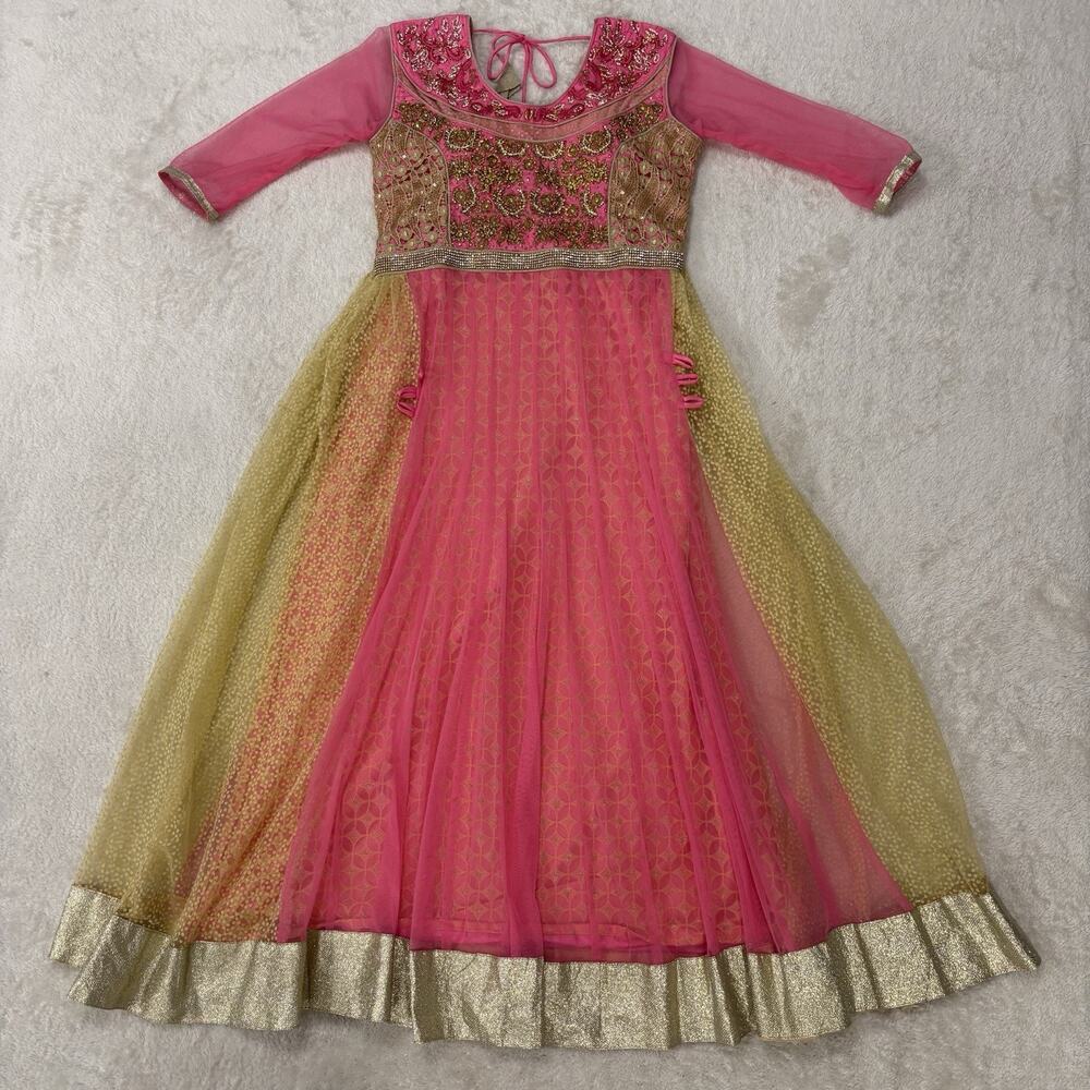 Indian Anarkali Gown Womens US 8-10 Pink Gold Beaded Formal Halloween Costume